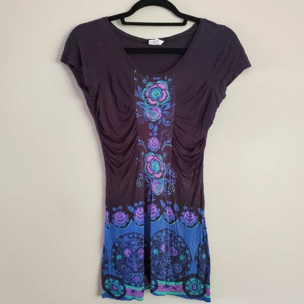 Free People Floral Ruched Jersey Knit Cap Sleeve Stretch Top Black Blue Size XS